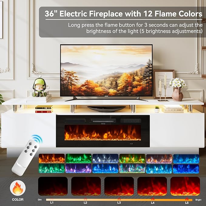 80" TV Stand & Media Console, Entertainment Center with Storage Shelves, Fits TVs up to 90", Modern Living Room Cabinet, 36" Electric Fireplace (White+Black)