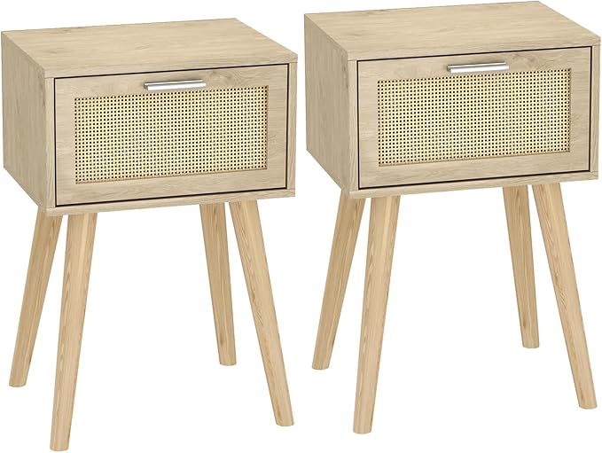 LAATOOREE Bedside Table Set of 2, Boho End Table with Solid Wood Feet for Bedroom and Living Room