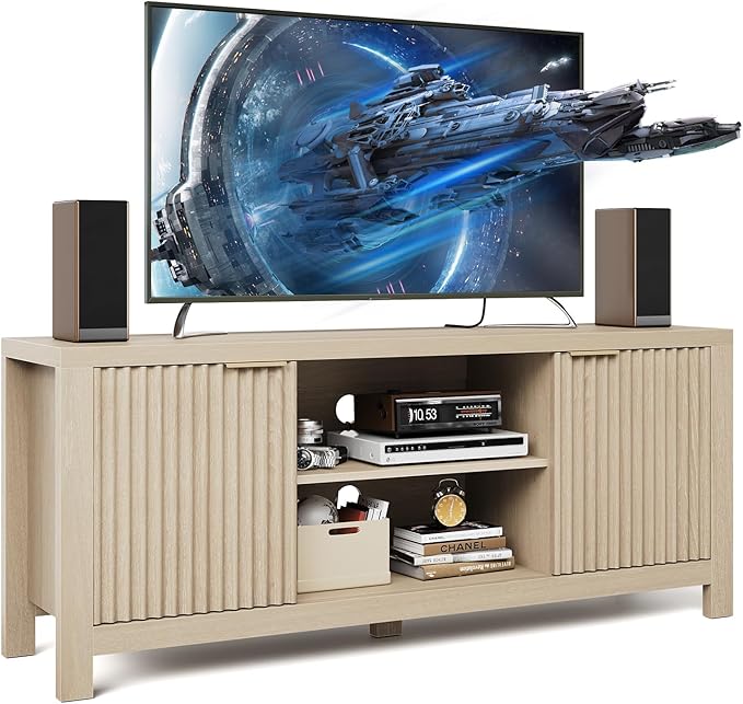 GarveeHome 59" TV Stand for TVs Up to 65 Inches, Mid Century Modern TV Entertainment Center with Storage Cabinets & Open Shelves, Wood TV Cabinet for Living Room, Oak