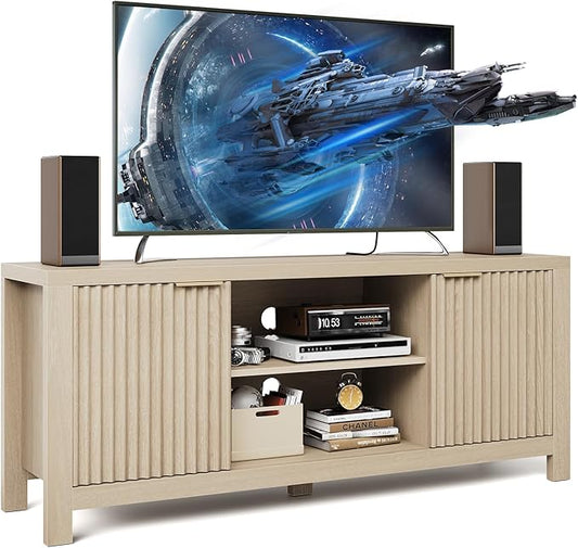 GarveeHome 59" TV Stand for TVs Up to 65 Inches, Mid Century Modern TV Entertainment Center with Storage Cabinets & Open Shelves, Wood TV Cabinet for Living Room, Oak