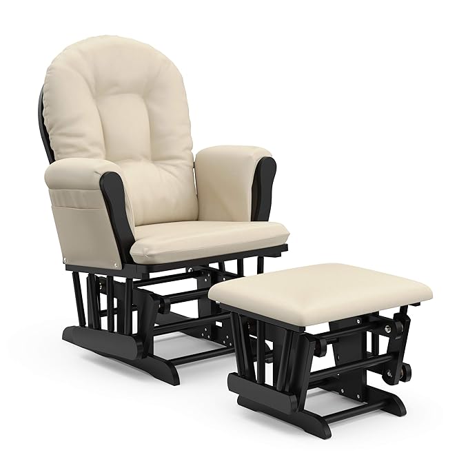 Storkcraft Premium Hoop Glider & Ottoman (Black with Beige) — GREENGUARD Gold Certified, Solid Wood Craftsmanship, Convenient Storage Pockets, Smooth-Gliding Chair for Nursery, Multi-Award-Winning