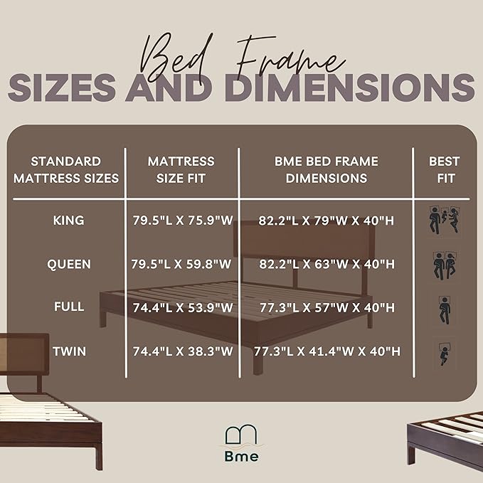 Bme Nipe King 14 Inch Bohemian Bed Frame with Adjustable Wicker Headboard - Rustic & Vintage Unique Style with Acacia Wood - No Box Spring Needed - Easy Assembly - Walnut