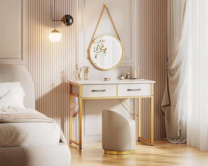 Casaottima 32 Inch Small Dressing Vanity Desk with 2 Drawers & Headphone Hook, Makeup Vanity Desk for Bedroom Without Mirror,Modern Space-Saving Design for Small Spaces White-Gold