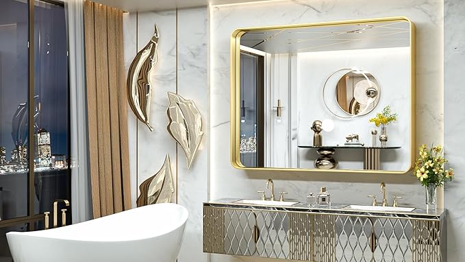 TokeShimi 48x40 Inch Brushed Gold Bathroom Vanity Mirror for Wall with Non-Rusting Aluminum Alloy Metal Frame Rounded Corner for Farmhouse Modern Home Decor (Horizontal/Vertical)