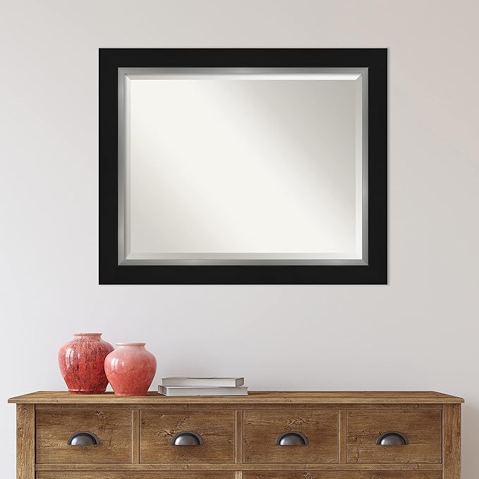 Amanti Art Black Bathroom Mirror for Over Sink, 28x34 Eva Black Silver Rectangle Vanity Mirror, Large Modern Contemporary Frame, Hangs Horizonally and Vertically, Bathroom Wall Decor, Beveled Edge