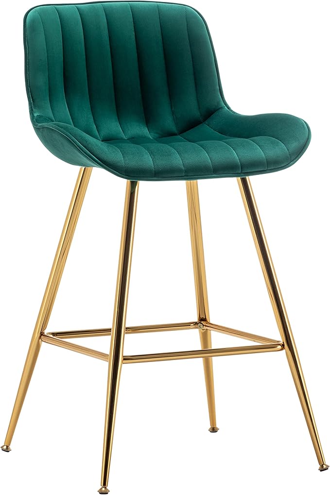 Sidanli Counter Height Bar Stools Set of 2, Modern Velvet Barstools with Back, 24 inch Seat Height Comfortable Island Stools with Gold Legs, Green