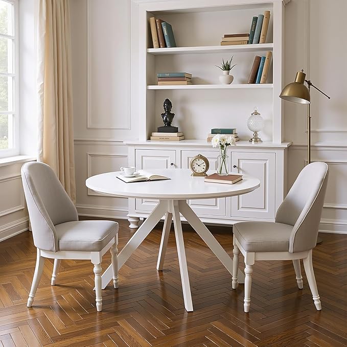 Round Dining Table for 4, 47 Inch Modern Dinner Table Small Round Dining Room Tables, Mid Century Kitchen Tables for Small Space, Kitchen, Living Room, Steel Legs, White