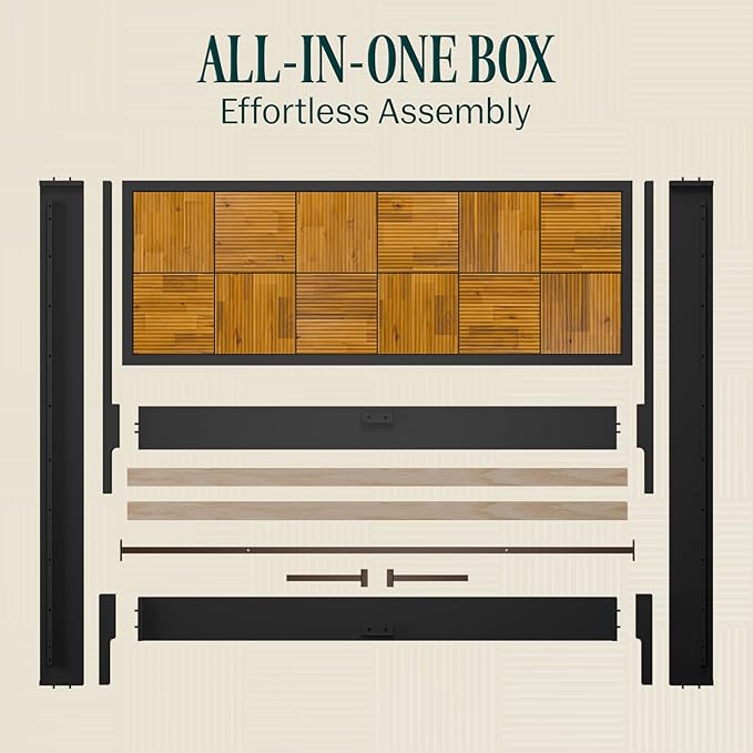 Bme Madia King Size Bed Frame and Headboard, Sophisticated Mid-Century Style with Fluted Pattern, 800lbs Weight Support, Crafted from Durable Acacia Wood Slats, Simple Assembly, Sleek Black Finish