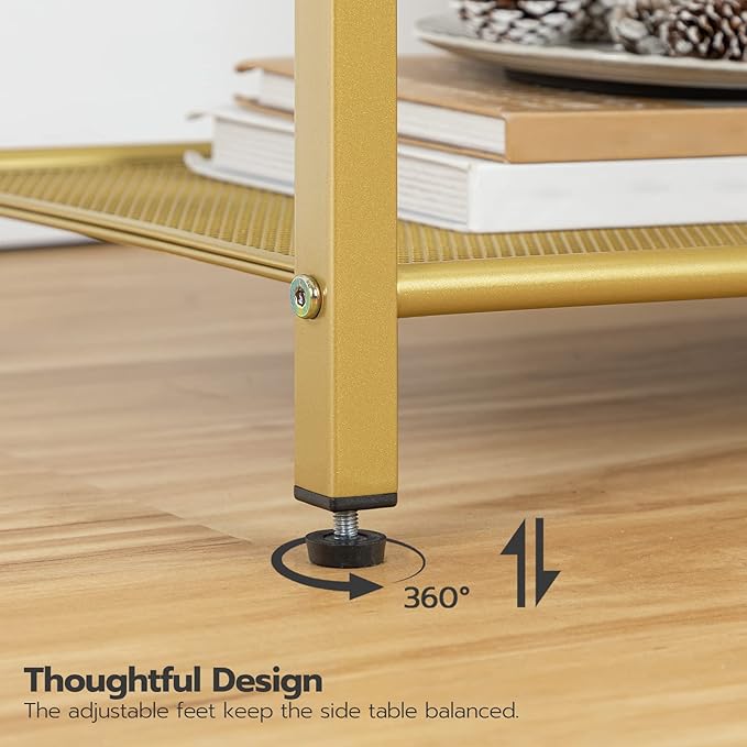 HOOBRO Side Table with Charging Station, End Table with USB Port, Nightstand for Tight Spaces, Tempered Glass, Modern Metal Frame, for Office, Bedroom, Living Room, Study, Gold GD76UBZ01