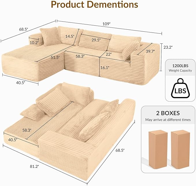 COMHOMA 105”Modular Sectional Sofa with Deep Seat,Cloud Upholstered L-Shape Couch Wide Arms Corduroy Fabric High-Density Foam Chaise Lounge for Living Room No Assembly Required