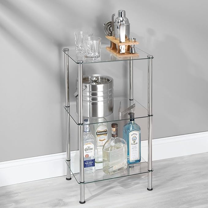 mDesign Metal/Glass 3-Tier Storage Tower, Narrow Shelving Display Unit, Open Glass Shelves; Multi-Use Stand for Living Room, Bathroom, Home Office, Hallway, Bedroom Organization - Chrome/Clear