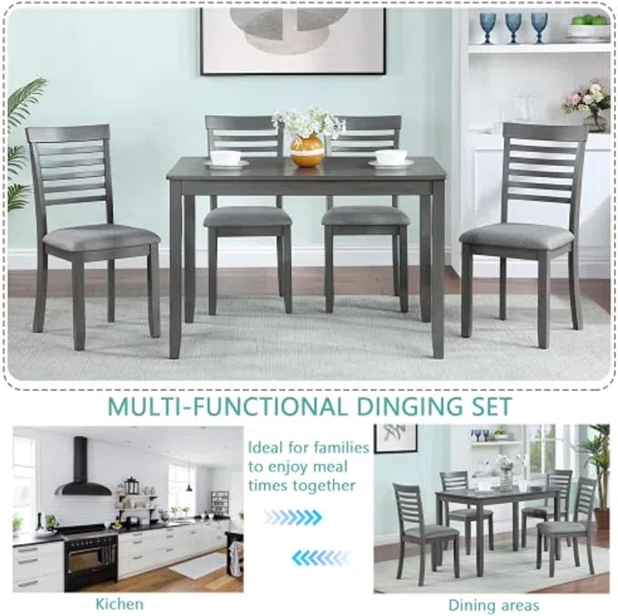 5-Piecern Dining Table Set, Kitchen Set with One Rectangular Table and 4 Upholstered Chairs, Living Room Chairs with Ladder Backrest and Comfortable Seat Cushion, Wooden Dining Furniture, Gary