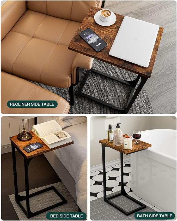 C-Shaped Side Table for Couch - Small Coffee Stand Sofa Tray Desk with Metal Frame and Waterproof Scratch Resistant, Modern End Accent for Living Room, Bedroom, Small Spaces, Rustic Brown