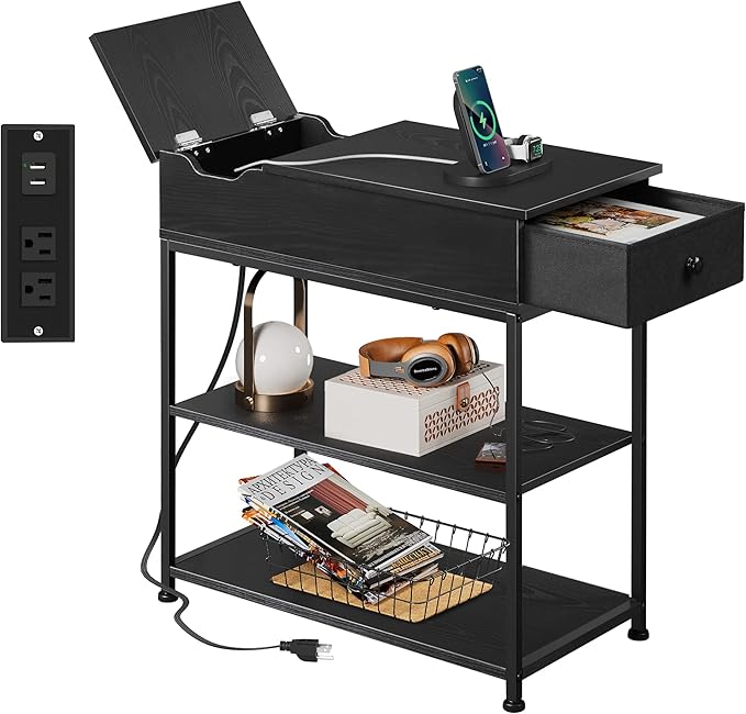 WLIVE Narrow Side Table with 2 USB Ports and 2 Outlets, Flip Top End Table with Drawer and Storage Shelves, End Stand with Charging Station for Living Room, Bedroom, Small Spaces,Black