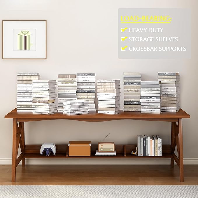 Extra Long Desk with Bookshelf - Wooden Home Office Work Study Table, Writing Computer Workstation with Storage Shelf in Walnut, 55" Wx20 Dx30 H