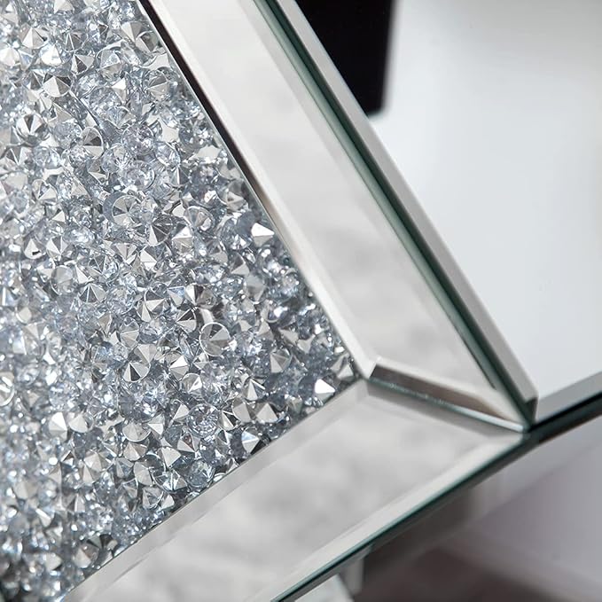 SHYFOY Mirrored End Table, Mirror Accent Side Table with Crushed Crystal Diamond, Finished Small Coffee Table, Glass Bedside Lamp Table, Silver Modern Style Decor for Living Room, Balcony, Bedroom