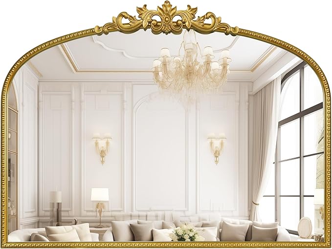 WallBeyond Gold Vintage Mirror - 32x24 Inch, Arched Antique Mirror with Ornate Frame for Bathroom, Living Room, Fireplace, Entryway