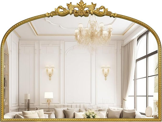WallBeyond Gold Vintage Mirror - 32x24 Inch, Arched Antique Mirror with Ornate Frame for Bathroom, Living Room, Fireplace, Entryway