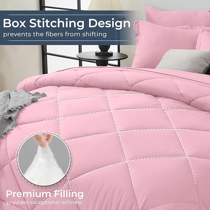 HEVUMYI Pink Queen Comforter Set - 7-Piece All Season Bed in a Bag Queen, Ultra Soft Bedding Set with Comforter, Flat Sheet, Fitted Sheet, Pillowcases, Pillow Shams, Pink