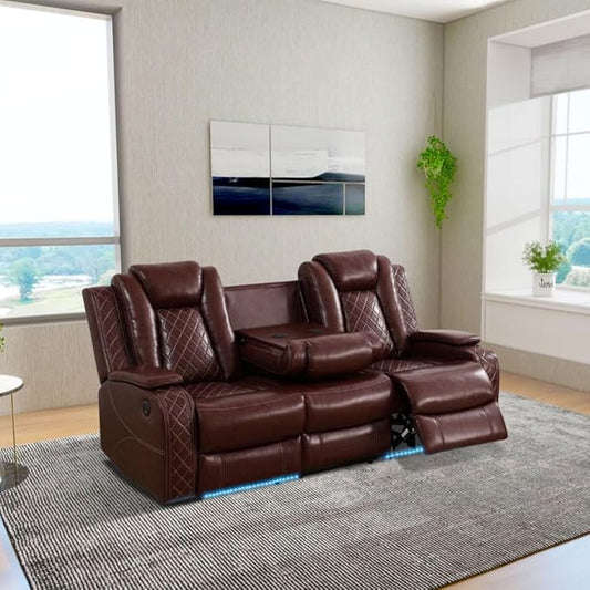 Electric Power Recliner Sofa Living Room Furniture, Comfy Home Theater Breathing Leather Seating with USB 2.0 Charging Ports, LED Light Strips, Fold-Down Table & Wireless Charging Device (Red)