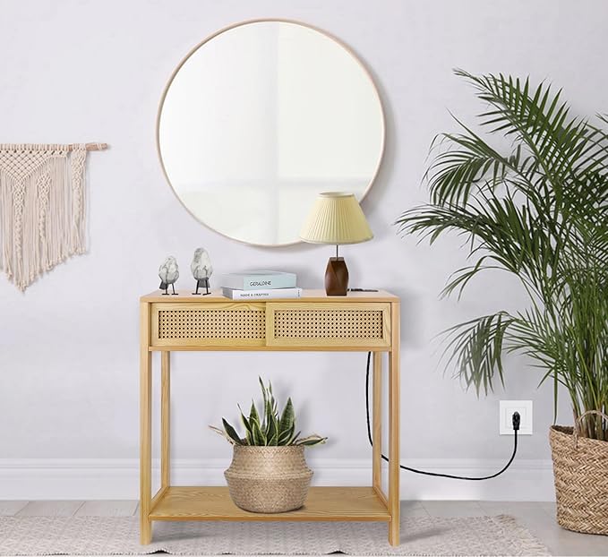 Console Table with Charging Station, Small Vanity Desk, 32" Console Tables for Entryway Table Rattan Dresser Entry Table Narrow Console Table Modern Hallway Table Boho Sofa Table for Living Room