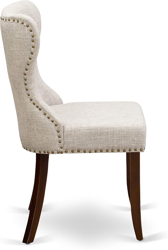 East West Furniture AMSI3-MAH-35 3 Piece Dining Room Table Set Contains a Round Kitchen Table with Pedestal and 2 Doeskin Linen Fabric Parson Dining Chairs, 36x36 Inch, Mahogany