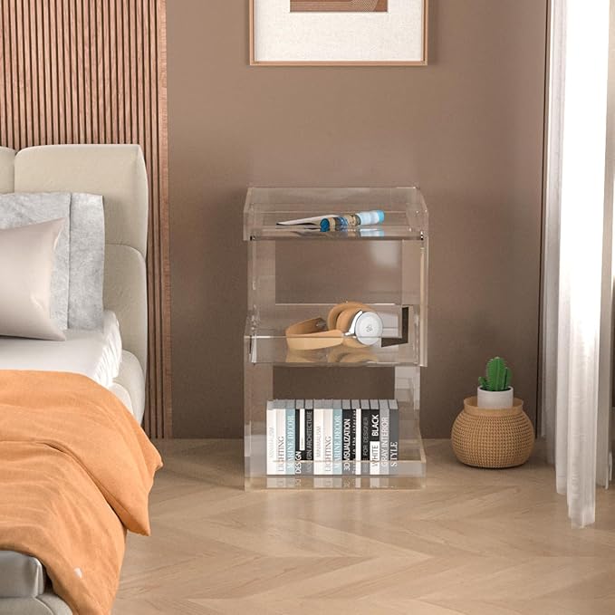 Acrylic Side Table Modern Side Table Clear Nightstand Assembly Required Storage Table for Living Room Bedroom