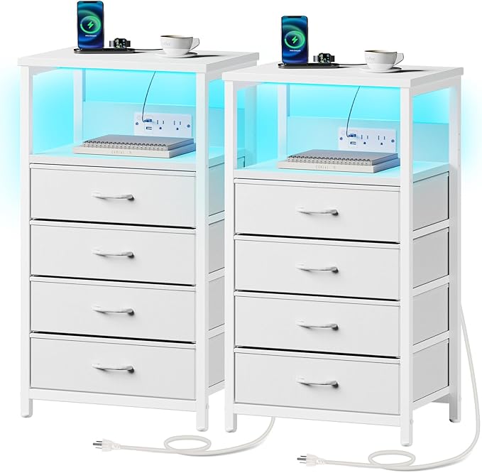 Seventable Night Stand with Charging Station, Tall Nightstand with 4 Fabric Storage Drawers, Side Table with LED Light for Bedroom, Entryway, White, Set of 2