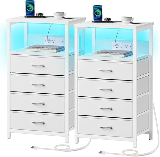 Seventable Night Stand with Charging Station, Tall Nightstand with 4 Fabric Storage Drawers, Side Table with LED Light for Bedroom, Entryway, White, Set of 2