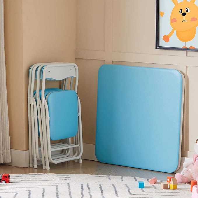 VECELO Kids Folding Activity Table and Chairs 5 Pcs Set, Portable, with Ultra Soft Padded Cushion, Light Blue