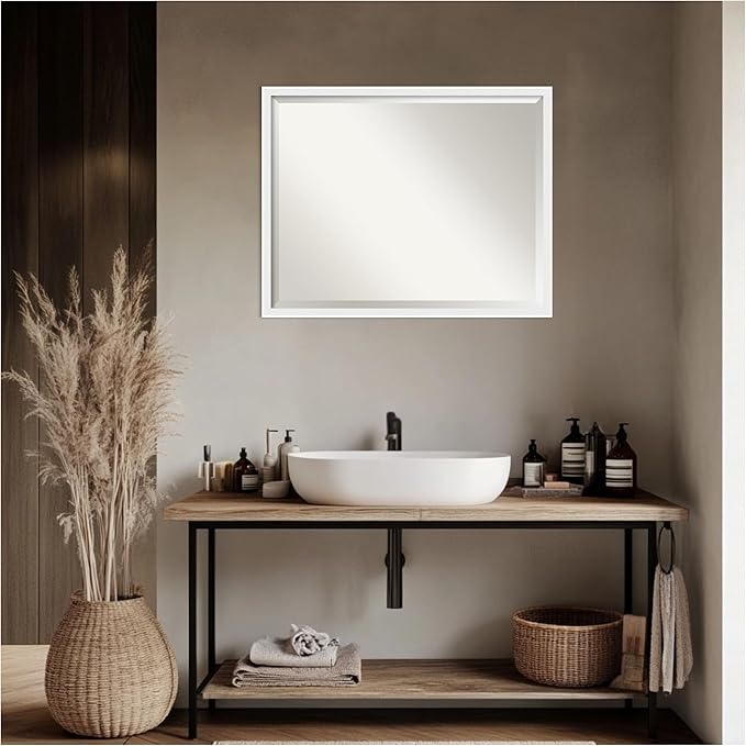 Amanti Art White Bathroom Mirror for Over Sink, 24x30 Incline White Rectangle Vanity Mirror, Large Modern Contemporary Wood Frame, Hangs Horizonally and Vertically, Bathroom Wall Decor, Beveled Edge