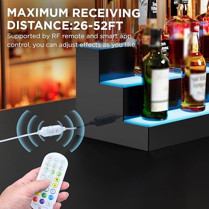 Dethan 4 Tier 16 Inch LED Lighted Liquor Bottle Display Shelf - Illuminated Wine Racks with Multi-Color App & Remote Control, Adjustable Brightness & Sound Modes, Acrylic Bar Shelves for Club Displays