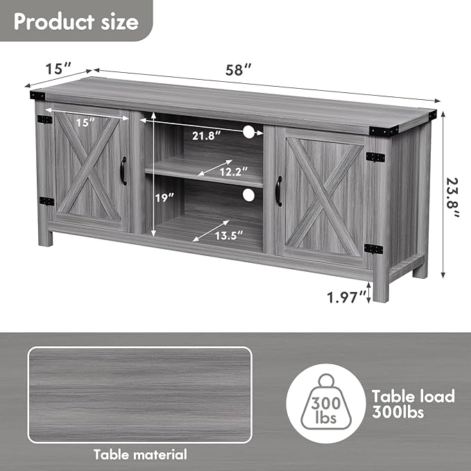 YESHOMY Modern Farmhouse TV Stand with Two Barn Doors and Storage Cabinets for Televisions up to 65+ Inch, Entertainment Center Console Table, Media Furniture for Living Room, 58 Inch, Gray Wash