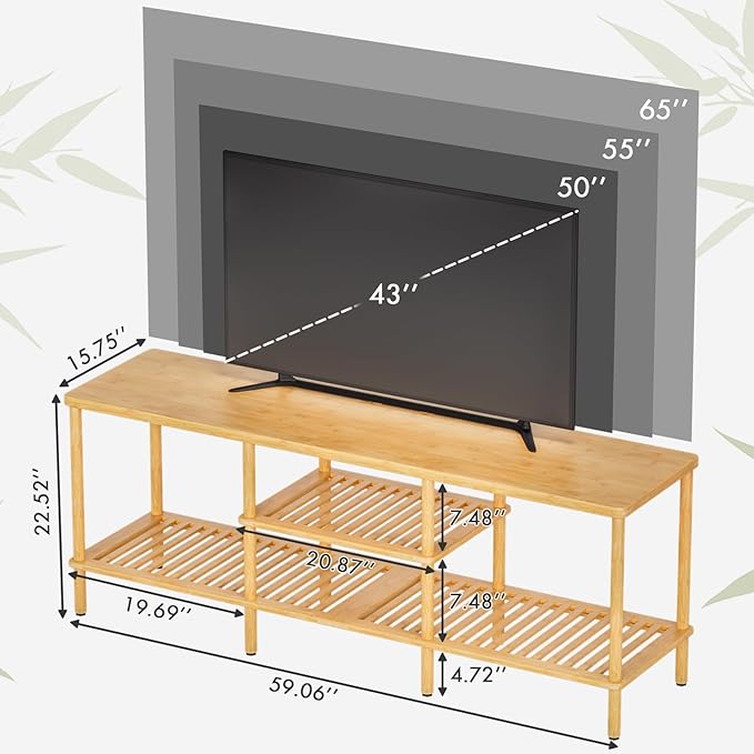 Amazer Bamboo TV Stand for 60 65 Inch TV, Entertainment Center with 3 Tier Open Storage Shelf, Wood TV Table for Living Room, Bedroom