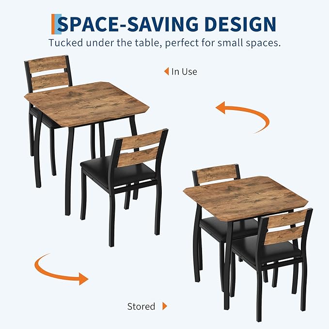 GAOMON Dining Table Set for 2, 3 Piece Small Kitchen Table and 2 Upholstered Chairs with Metal Frame & Wood Grain Tabletop for Small Space, Apartment, Kitchen, Dining Room, Black/Rustic