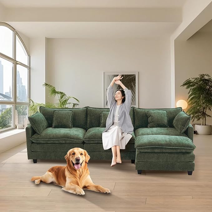Furniliving 112‘’ L-Shaped Sofa, Luxury Chenille Modular Sectional Couches with Ottoman, Upholstered Deep Seat Sleeper Sofa with Memory Foam and Waist Pillows, Green