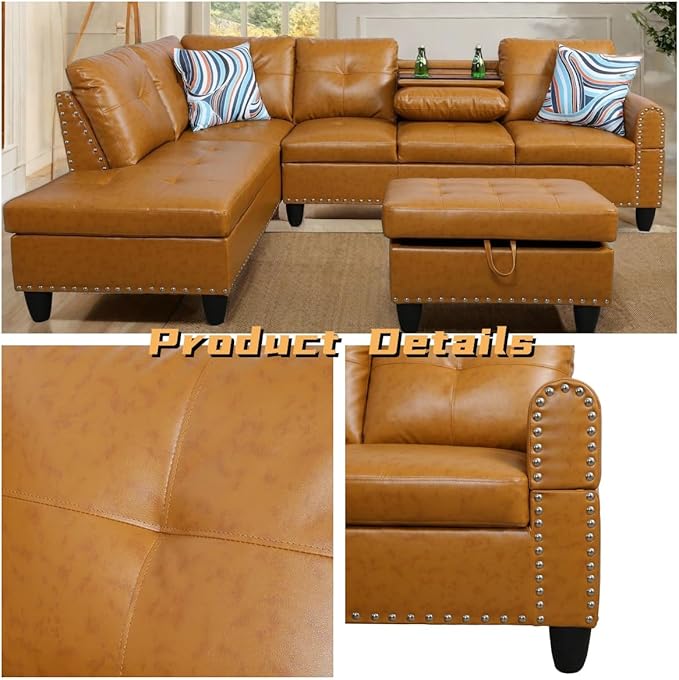 L Shaped Sectional Couch with Otttoman, 97" Leather Sectional Sofa for Living Room Modular Couches with Cup Holders for Bedroom, Apartments, Ginger