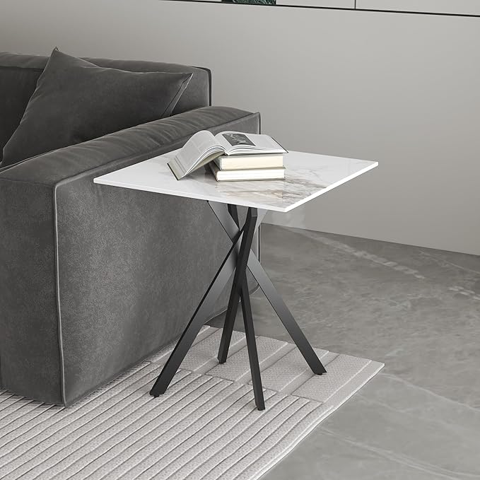 White Marble Side Coffee Table with Metal Legs, Samll Sintered Stone Square Modern End Table for Living Room Sofa Table Home Bed Office (1 Piece, 20"×20"×22")