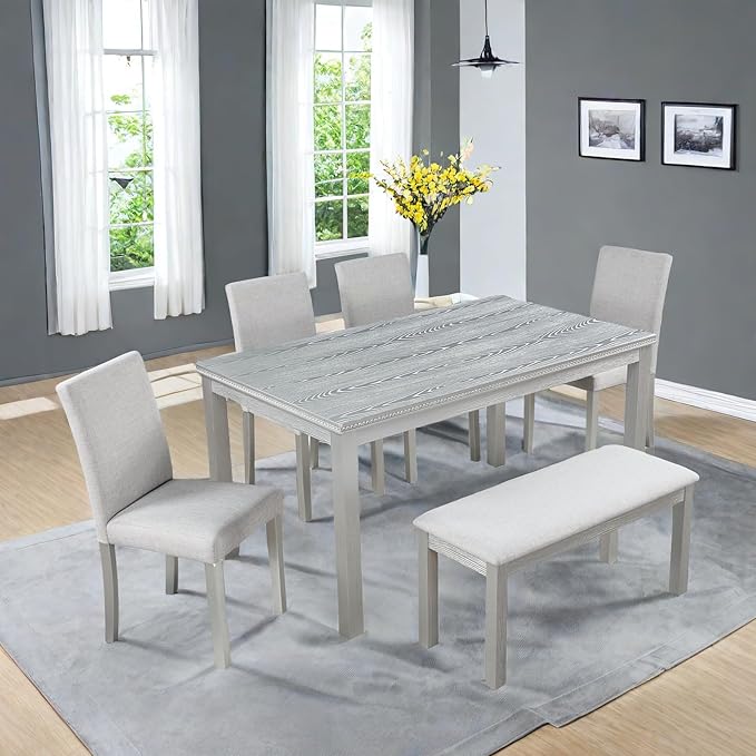 Dining Table Set, 6-Piece Kitchen Table & Chair Set with Rectangular Crystal Decoration & 4 Upholstered Chairs & a Bench, Wooden Dining Set, Silver Gray