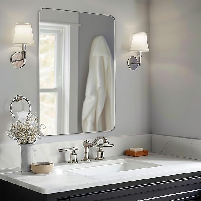 ANDY STAR 30"x48" Brushed Nickel Bathroom Mirror, Large Wall Mirror for Bathroom, Rounded Rectangle Mirror in Premium Stainless Steel Metal Frame Hangs Horizontal Or Vertical