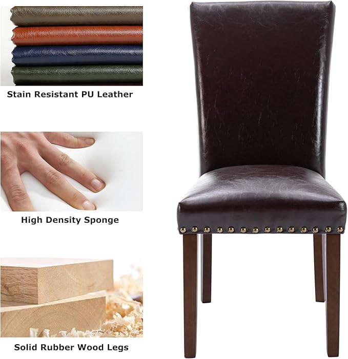 COLAMY Upholstered Parsons Dining Chairs Set of 2, PU Leather Dining Room Kitchen Side Chair with Nailhead Trim and Wood Legs - Dark Brown