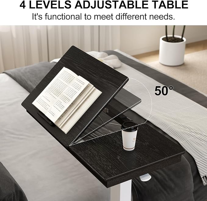 Solid Wood Overbed Bedside Table with Wheels,Tilt Top Hospital Bed Table Adjustable Over The Bed,Rolling Bed Desk for Hospital and Home Use (Black)