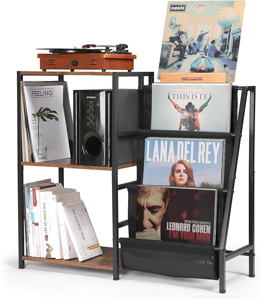 Record Player Stand, 3-Tier Vinyl Record Storage, Turntable Stand with Now Playing Holder, Vinyl Display for Living Room, Rustic Brown