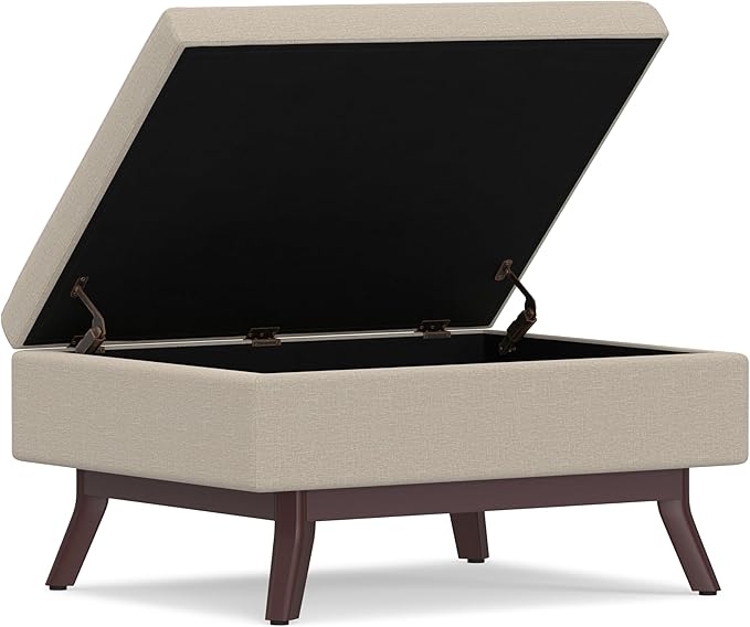 SIMPLIHOME Owen 34 inch Wide Mid Century Modern Rectangle Coffee Table Storage Ottoman in Natural Linen Look Fabric, Assembled, for the Living Room, Entryway and Family Room