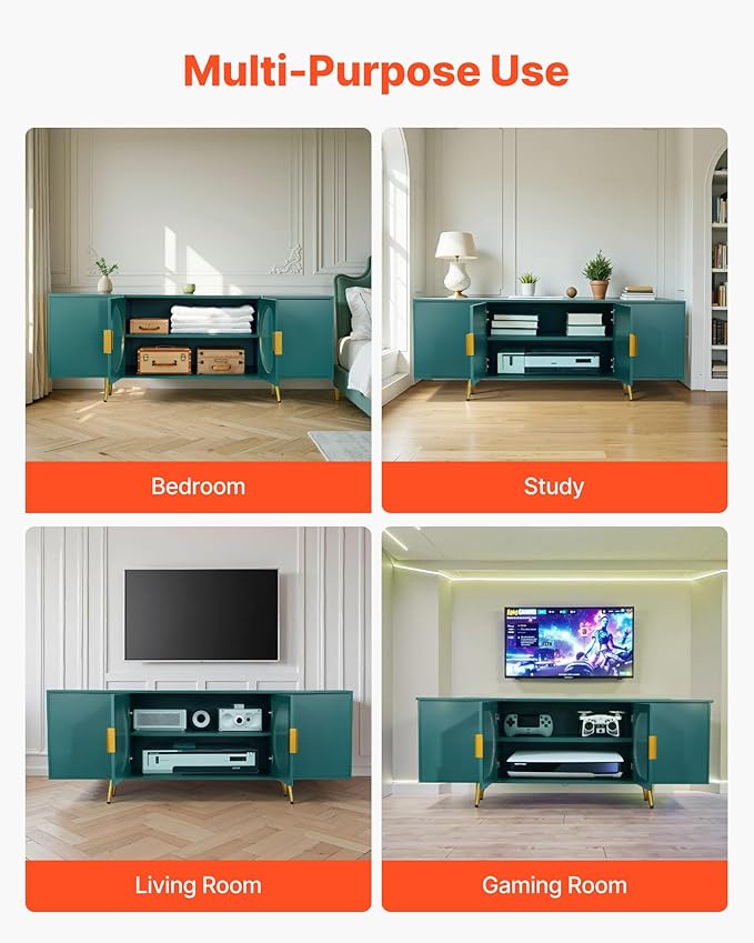 VEVOR TV Stand for TVs up to 75 inch, Modern Entertainment Center with Glass Doors and Gold Legs, TV Cabinet Storage with Adjustable Shelves, Media Console Table for Living Room and Bedroom, Green