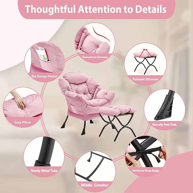 Lazy Chair with Folding Ottoman, Accent Chair Velvet Upholstered with Metal Structure and Non-Slip Pads, Sofa Armchair with Footrest and Side Storage Bag for Dorm, Room, Office, Pink