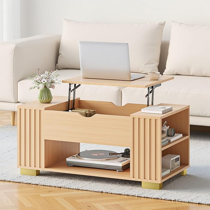 COMHOMA Lift Top Coffee Tables for Living Room, 39" Center Table with Hidden Storage Compartment, Adjustable Wooden Tea Table for Small Spaces, Natural Oak