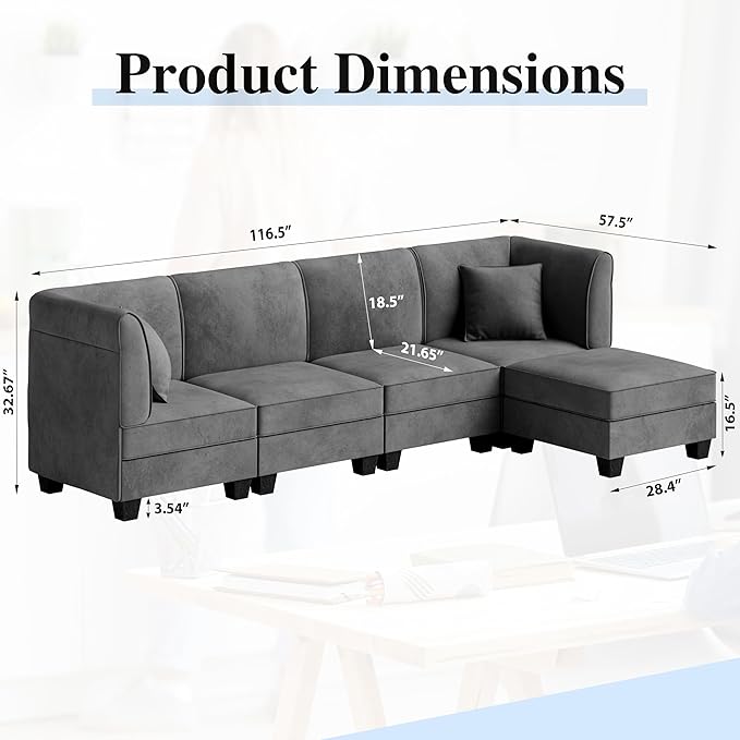 Shintenchi 5 Pieces Sectional Couch Modular Sofa,U Shaped Reversible Chaise Velvet SofaCouch with Cushions,Modular Sectional Sofa with Ottoman for Living Room (Dark Grey)