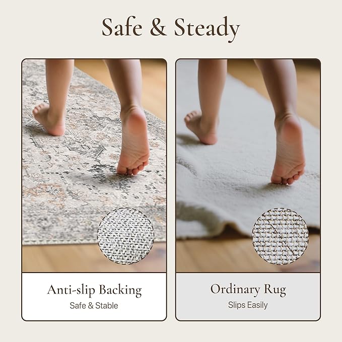 GENIMO Runner Rug 3x7, Non Slip Vintage Hallway Runner Rugs, Low Pile Lightweight Machine Washable Mat for Hallway, Entryway, Bedroom, Kitchen and Corridor, Light Taupe Brown