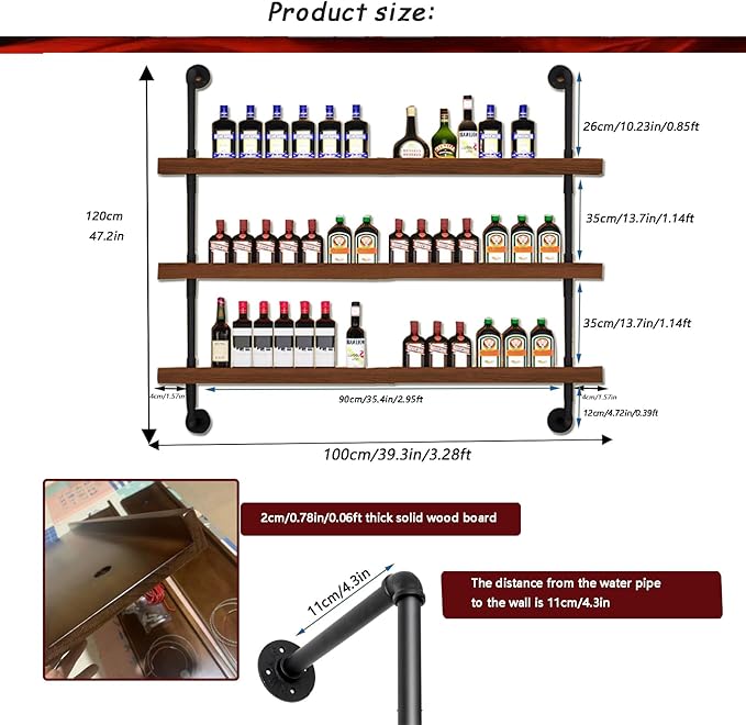 Large Wine Rack with LED Light Solid Wood Wall Mounted Wine Rack, 3-Tiers Liquor Bottles Floating Shelves Display Storage Organizer for Home Bar & Dining Room (80cm/31.4in)
